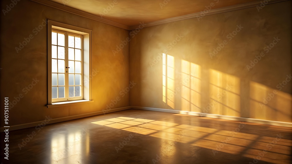 Aufkleber a gleam of hope: a single window bathed in golden light in an otherwise empty room generative ai