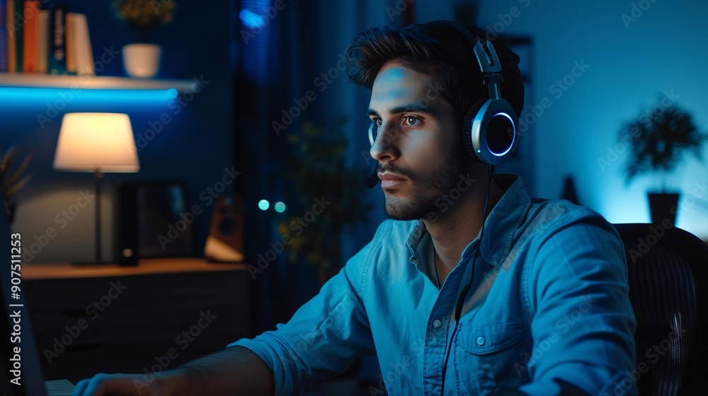 Poster casual-dressed man in self-isolation teleworking with headset on, sitting in front of computer durin