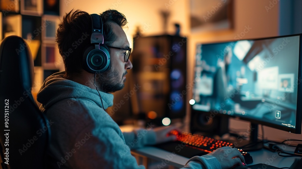 Poster casual-dressed man in self-isolation teleworking with headset on, sitting in front of computer durin