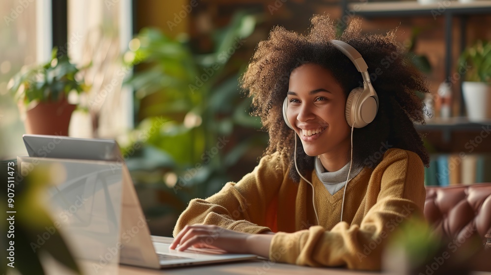 Poster smiling young woman wearing headphones engaged in a web conference while working remotely from a com
