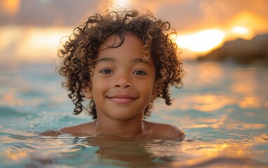 A joyful African American child plays in the ocean water, enjoying a beautiful summer sunset with waves gently lapping around them