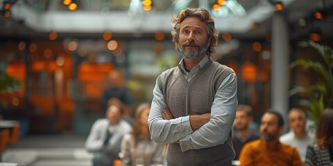 Business Presentation in Modern Office: Capturing Professionalism and Casual Elegance，the man's demeanor exuded confidence and authority as he eloquently