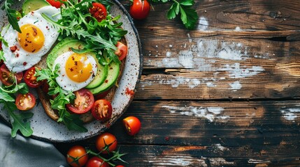 Avocado toast and poached egg on plates Tomato salad View from above on wooden surface Space for text Simple living with fresh homemade meal