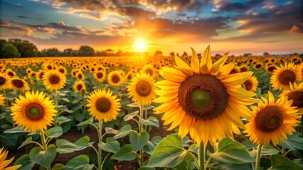 Obraz premium A Symphony of Sunflowers in a Golden Field Generative AI