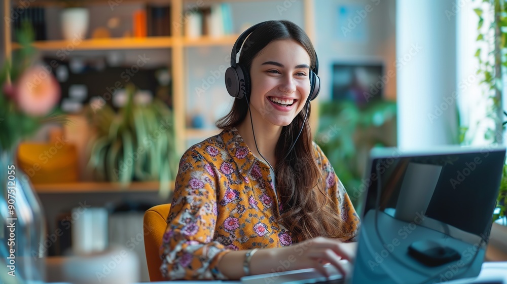 Poster smiling young woman wearing headphones engaged in a web conference while working remotely from a com