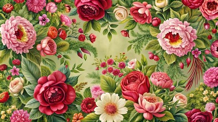 A Tapestry of Blooms: A Lush Floral Tapestry with Bold Pink and Red Flowers  Generative AI