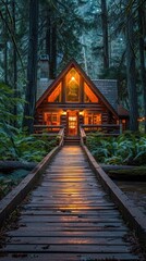 Obraz premium Wooden Bridge Leading to Cozy Cabin in the Forest.