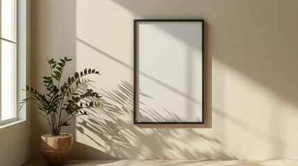 Elegant Advertising Mockup: a Blank 3:4 Poster Frame Hanging on a Wall, with Windows, Furniture, and Soft Lighting, advertising photography, Graphic Resources, Brochure, banner, promotion, 