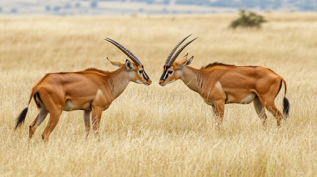 Male Topi antelopes clash in the grasslands of Maasai Mara National Reserve, Kenya.