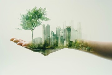Hand holding sustainable cityscape with lush green trees