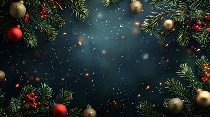 Edler weihnachtlicher Hintergrund mit Tannenzweigen und Christbaumkugeln - mit freiem Platz f&uuml;r Text 