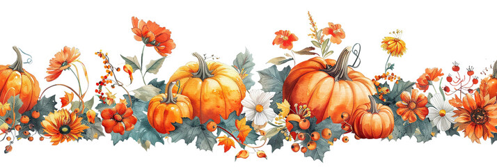 A vintage-style illustration featuring pumpkins, orange and white flowers, and green leaves arranged in a horizontal pattern. The colors are vibrant and autumn-themed.