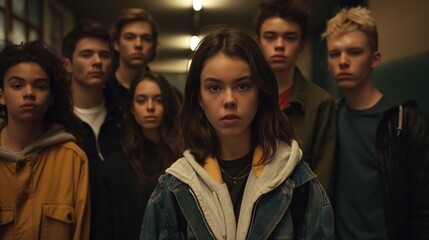 Fototapeta premium A group of young people walk through a dimly lit school hallway, led by a young woman with a determined expression
