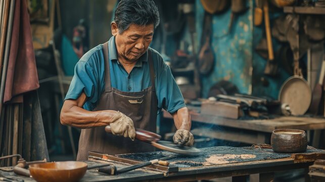 A craftsman wearing an apron carefully uses a tool to shape a metal disc while working in a workshop filled with tools and supplies