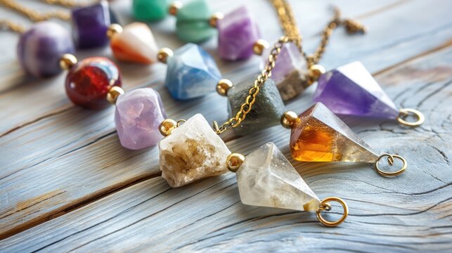 Crystals and a pendulum, used in divination and energy work to gain insight and balance chakras