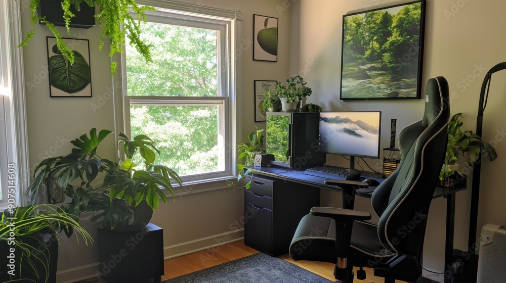 Poster cozy home office setup with a computer, plants, and personal decor, creating an inviting workspace. 