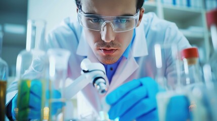 Scientist working in a laboratory, carefully conducting an experiment. Image highlights the meticulous nature of scientific research and the pursuit of knowledge and innovation