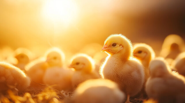Newly hatched baby chickens in a poultry farm, bathed in warm sunlight.