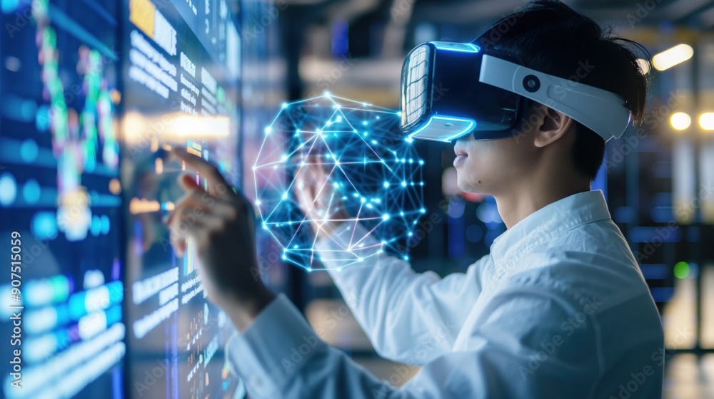 Poster a young individual utilizes virtual reality technology to interact with digital information in a fut