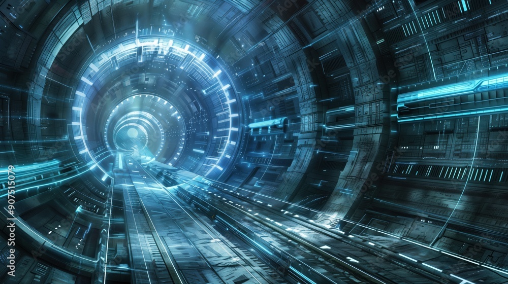 Poster a high-tech tunnel features glowing elements and digital patterns as it stretches into the distance,