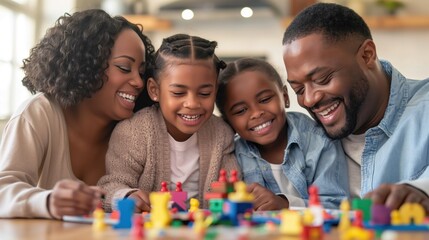 Family playing board games around the dining table on a cozy evening