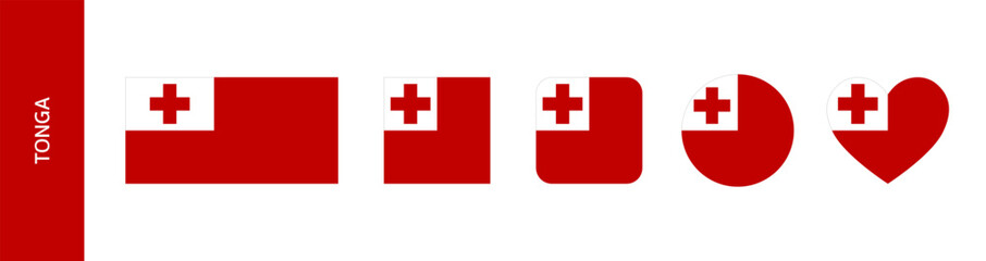 Tonga flag icon set. Tonga flag in round and square set. Flag of Tonga in heart and circle