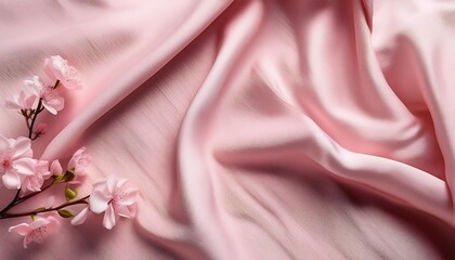 Amazing Beautiful pink cloth background that is folded and above it are pink flowers, empty space, wallpaper.