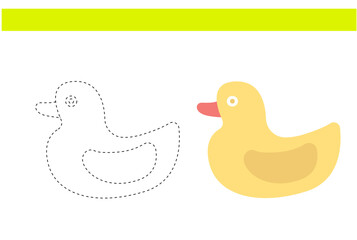 yellow cute duck object trace worksheet for kids practical hand writing activity vector design