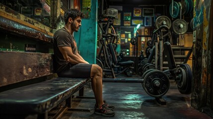 A dedicated male athlete sits on a bench in a retro gym, mentally preparing for his weightlifting session surrounded by gym equipment and low lighting
