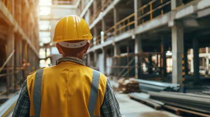 A construction worker in a hard hat and safety vest observes the progress of a building project in a busy urban environment