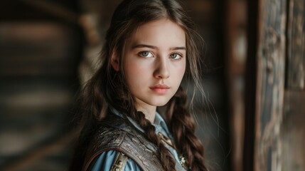 Fototapeta premium A young woman with braided hair gazes thoughtfully while dressed in a detailed historical costume against a rustic backdrop filled with wooden elements