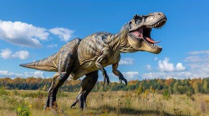 A dinosaur model stands proudly in a vibrant field under a bright blue sky, showcasing detailed features against a backdrop of colorful autumn foliage