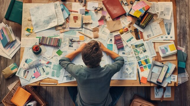 An individual sits at a cluttered desk, surrounded by papers, sketches, and colorful materials, deep in thought while brainstorming ideas for a project