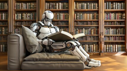 A robot is seated on a couch, deeply engaged in reading a large book in a well-stocked library filled with shelves of literature