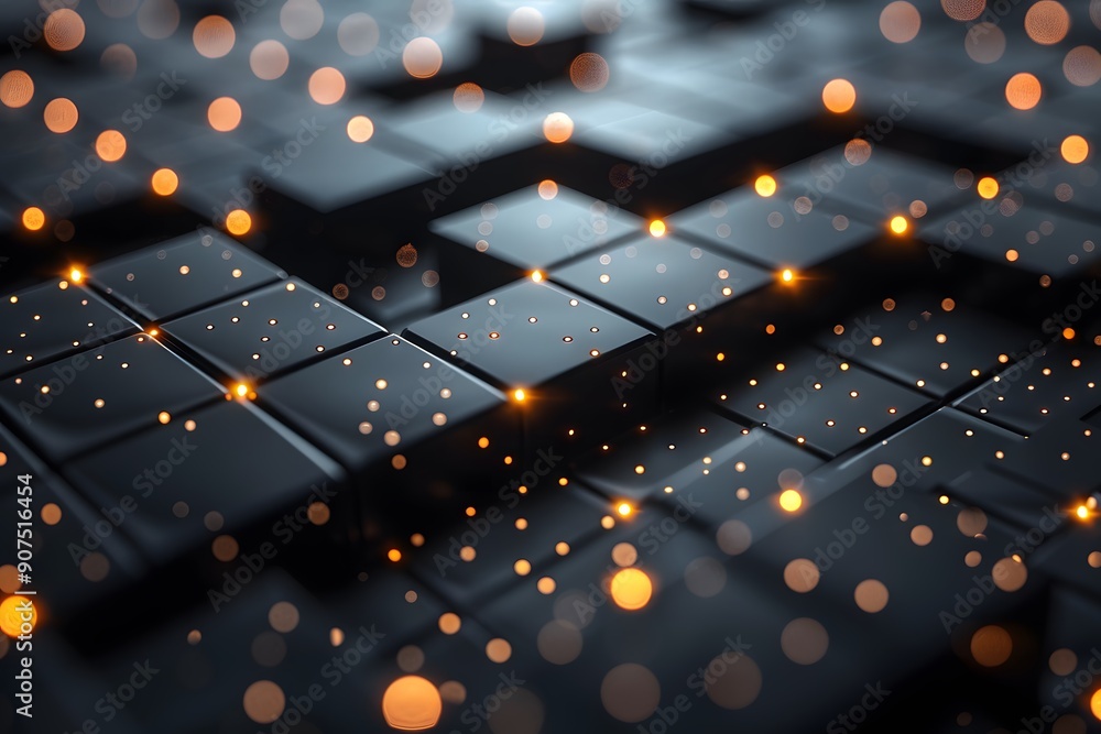 Poster abstract dark background with glowing lights. abstract background with black cubes and glowing orang