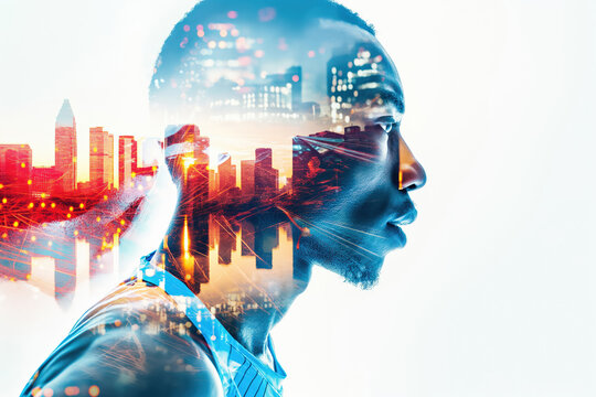 Businessman thinking about cityscape at night double exposure concept