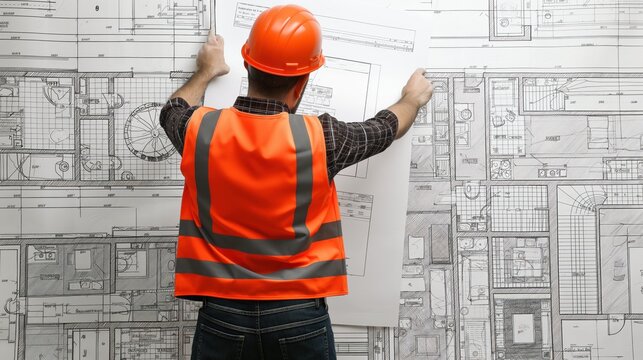 A construction worker in an orange safety vest and hard hat examines blueprints while standing against a detailed building plan backdrop
