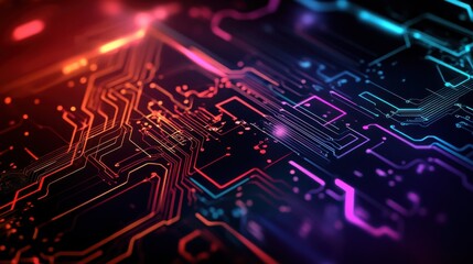 Abstract cyber-punk circuit decal logo with neon accents, featuring complex electronic patterns and a striking color palette of neon red, purple, and cyan on a dark, sleek backdrop