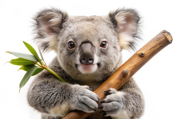Obraz premium Adorable Koala Holding Branch with Green Leaves.