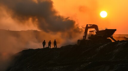 Workers stand silhouetted against a vibrant sunset, with heavy machinery creating smoke in a busy industrial landscape. The atmosphere is dynamic and rich with colors