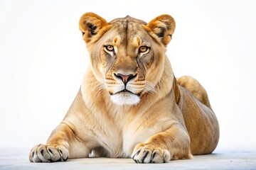 Obraz premium Majestic Lioness Portrait on White Background.
