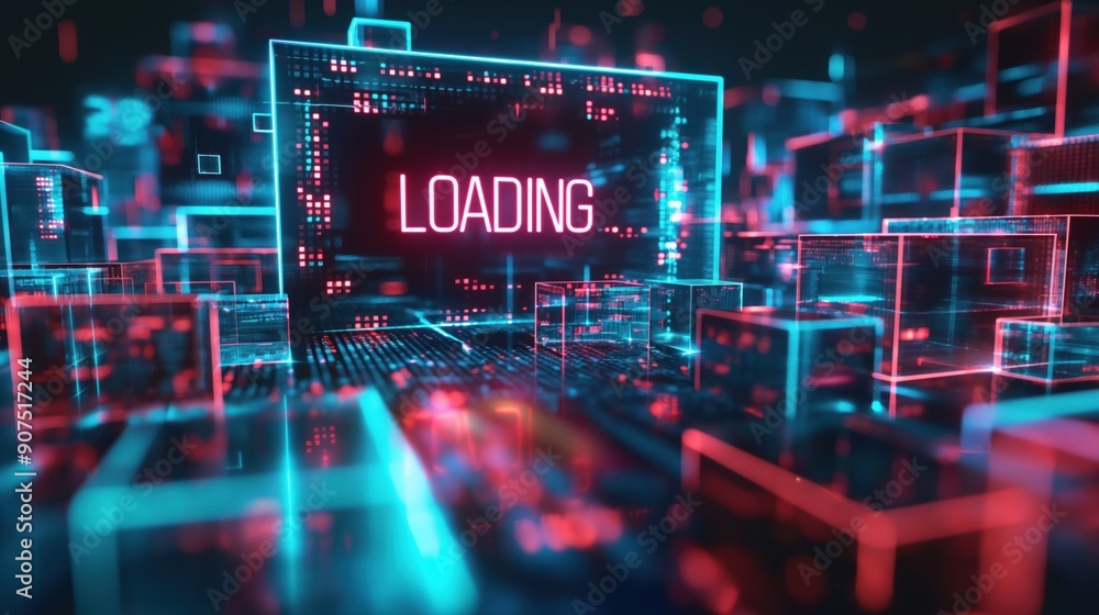 Poster a vibrant digital cityscape with neon lights, featuring a large screen displaying the word loading i