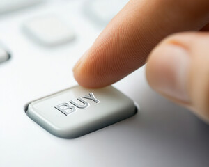 Finger pushing down on a button with the text buy