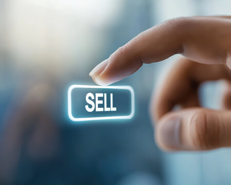 Finger pushing down on a button with the text sell
