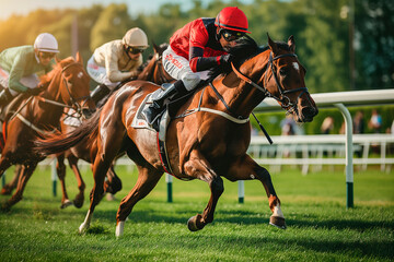 Image of jockey during a race on his horse goes to the finish line in first place with other competitors on a racetrack