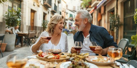 A couple is enjoying a meal together in a restaurant. They are laughing and smiling while holding wine glasses. The table is set with various dishes and glasses, including wine glasses, cups