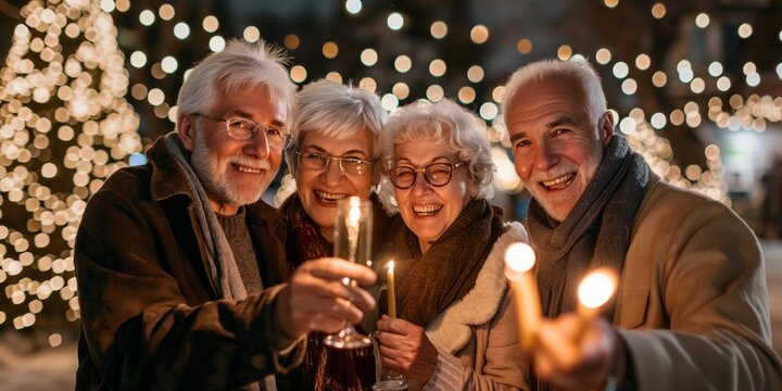 A group of older people are posing for a picture with lit candles. They are smiling and seem to be enjoying the moment