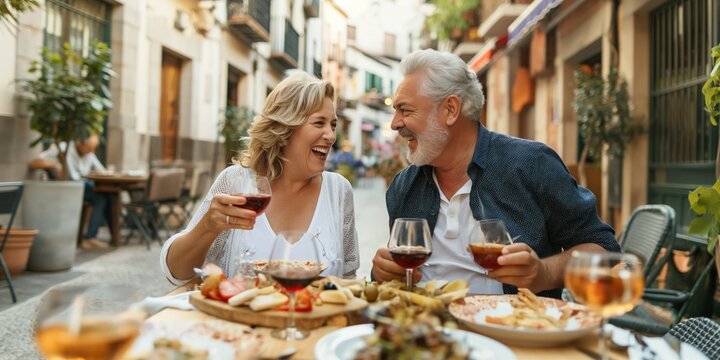 A couple is enjoying a meal together in a restaurant. They are laughing and smiling while holding wine glasses. The table is set with various dishes and glasses, including wine glasses, cups - Powered by Adobe