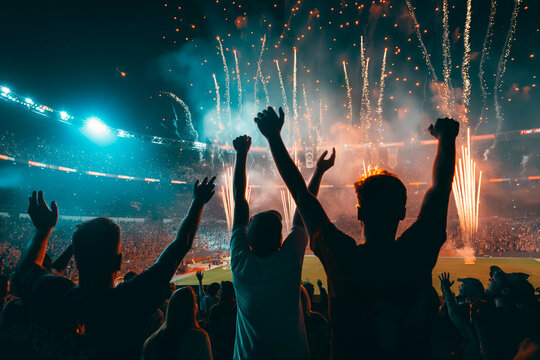 Fans celebrate in stadium arena night fireworks
