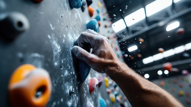 Close-up view of a climber is hand gripping a small hold on a colorful bouldering wall inside a gym, with chalked hands and focused expression. Background shows other climbing holds and gym